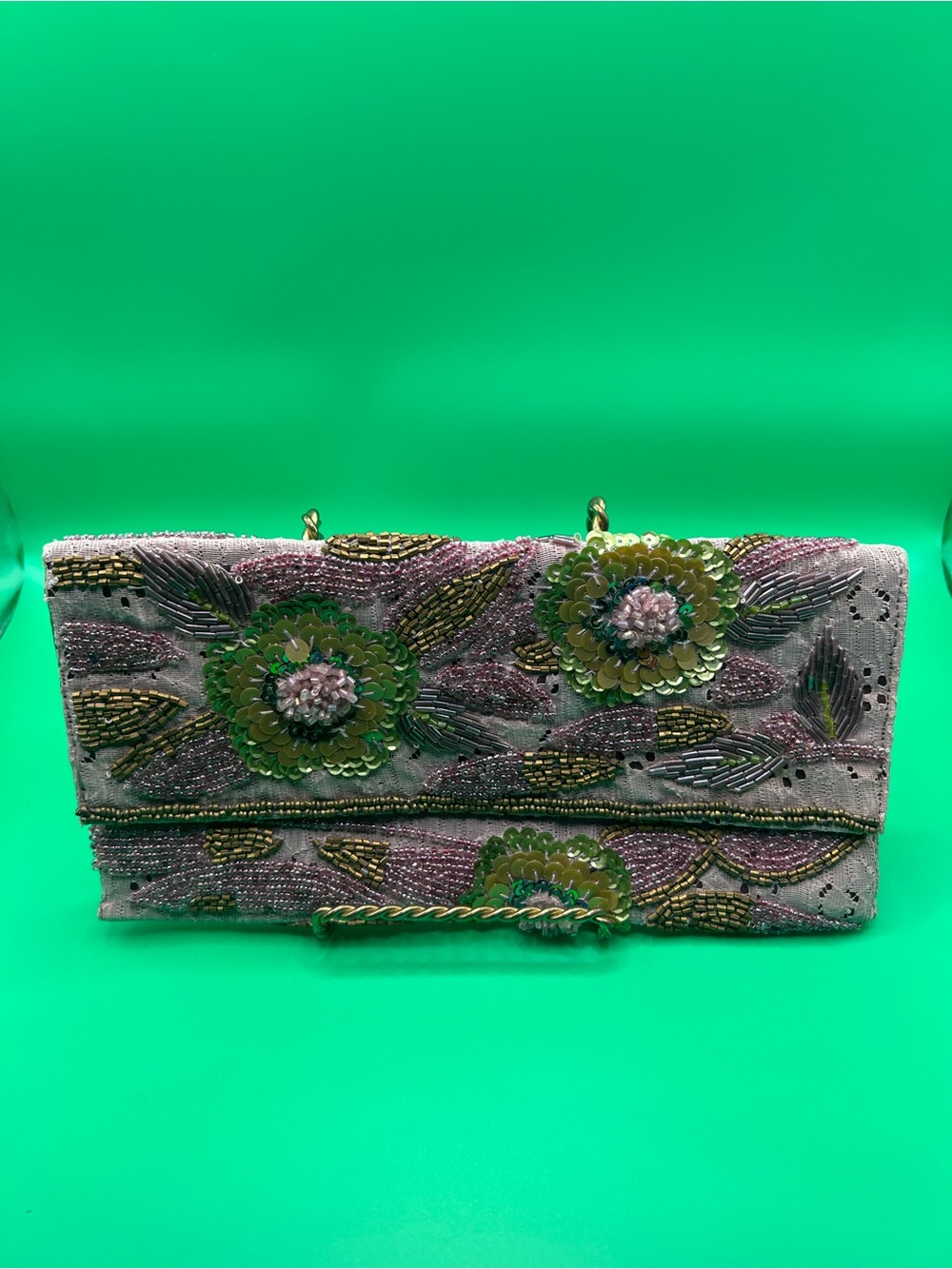 VTG 90s Accessorize Hand Beaded Sequin Floral Evening Clutch Bag Mauve Teal Mint